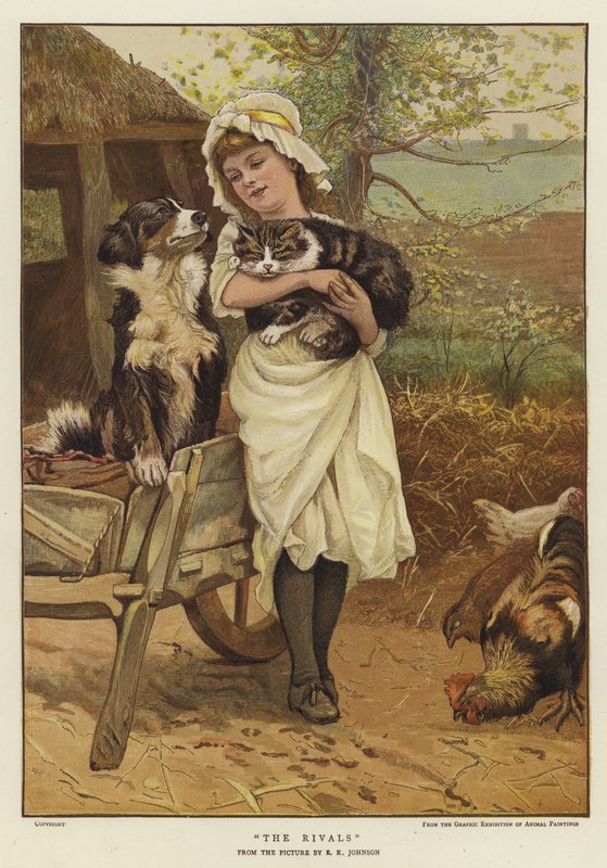 Bir köpeğin yanında bir kediyi tutan genç bir kız (renkli taş) by Edward Killingworth Johnson