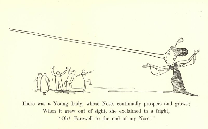 Burnu sürekli gelişen ve büyüyen bir Genç Hanım vardı. by Edward Lear