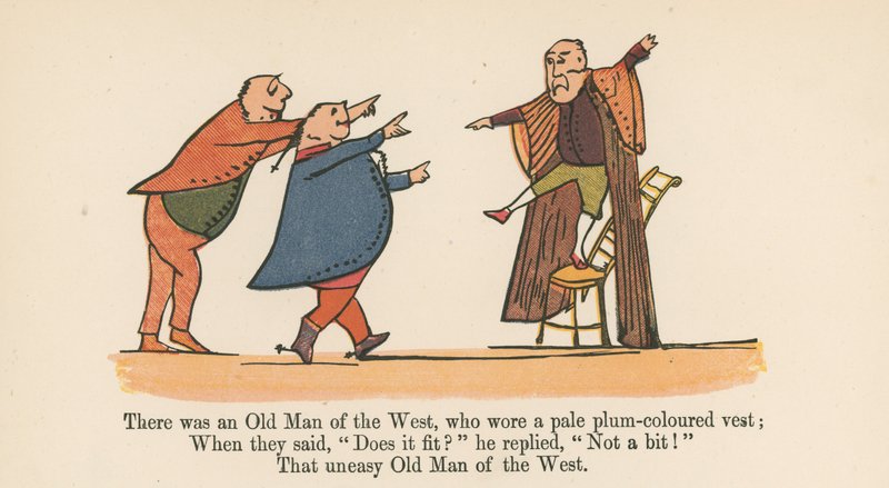 There was an Old Man of the West, who wore a pale plum-coloured vest, from 