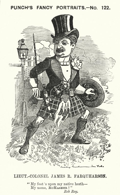 Yumruk karikatürü: James Ross Farquharson, İskoç askeri (gravür) by Edward Linley (after) Sambourne