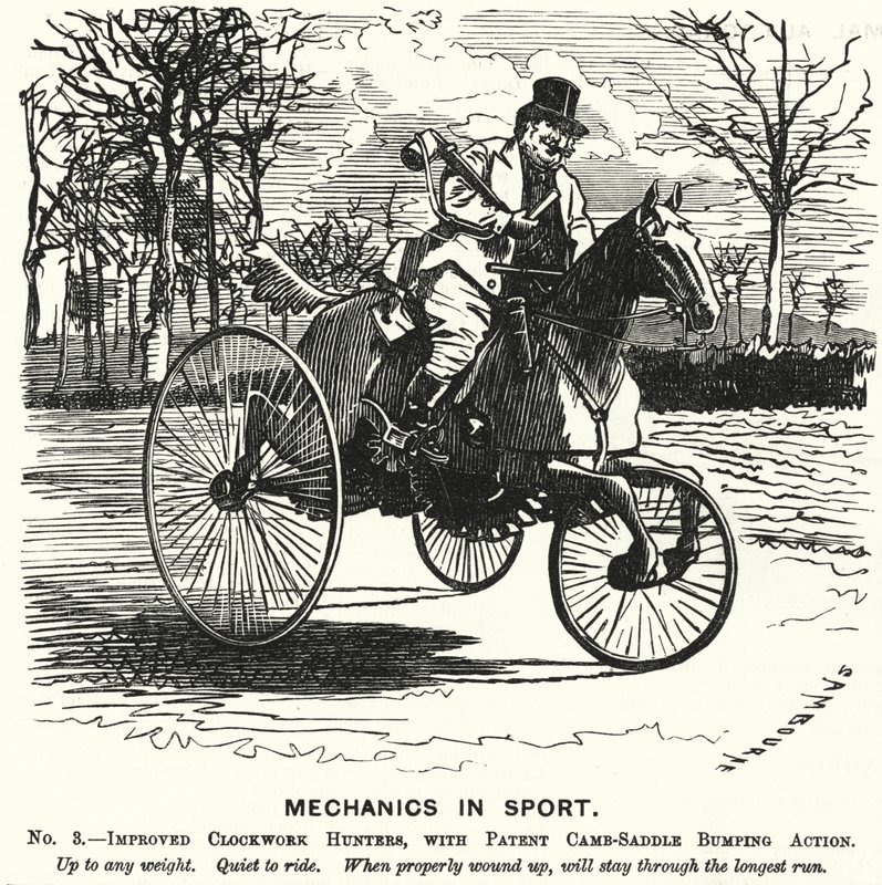 Yumruk karikatürü: Sporda Mekanik. No 3. - Patent Kamb-Emer Çarpma Aksiyonu ile Geliştirilmiş Saat Avcıları (gravür) by Edward Linley (after) Sambourne