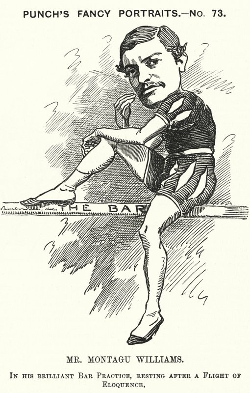 Punch karikatür: Montagu Williams, İngilizce öğretmeni, asker, aktör, oyun yazarı, avukat ve yargıç (gravür) by Edward Linley (after) Sambourne
