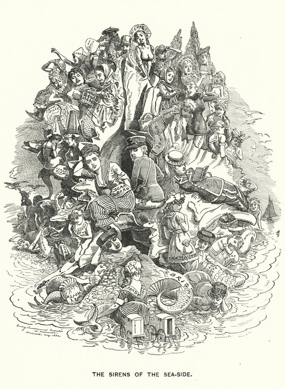 Yumruk karikatürü: Deniz Kenarındaki Sirenler - İngiliz sahil tatil beldeleri (gravür) by Edward Linley (after) Sambourne