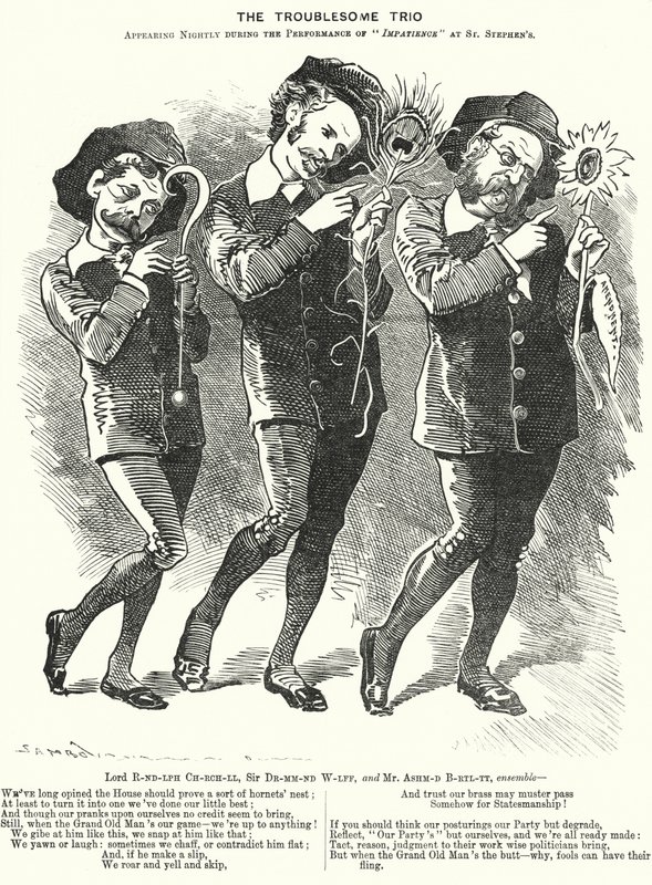 Yumruk karikatür: Zahmetli Üçlü: Lord Randolph Churchill, Henry Drummond Wolff ve Ellis Ashmead-Bartlett, İngiliz Muhafazakar politikacılar (gravür) by Edward Linley (after) Sambourne
