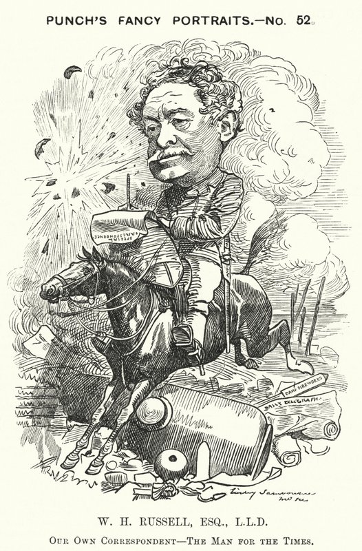 Punch karikatür: William Howard Russell, İrlandalı gazeteci ve savaş muhabiri (gravür) by Edward Linley (after) Sambourne