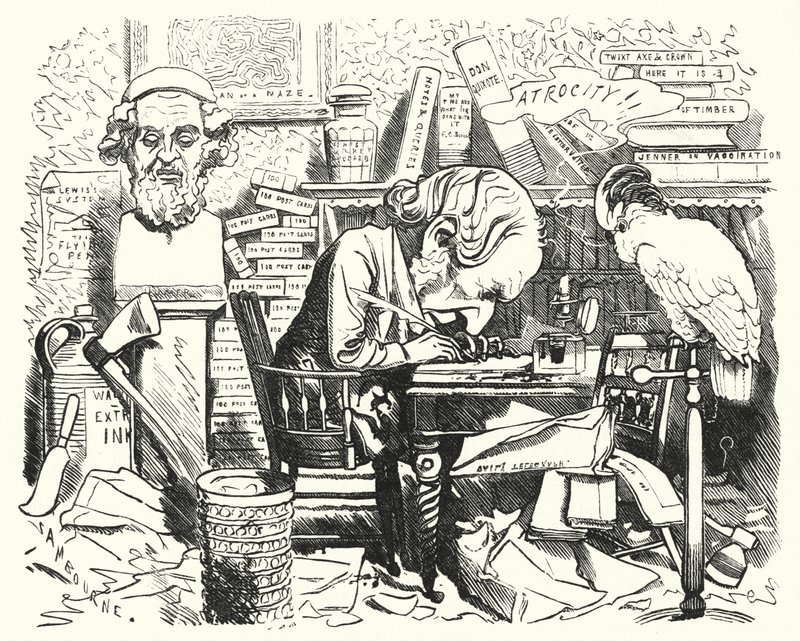 Punch karikatür: yazar çalışma odasında iş başında (gravür) by Edward Linley (after) Sambourne