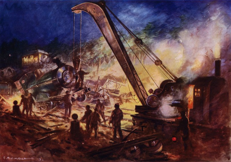 Bir demiryolu kazası mahallinden enkazı kaldıran vinç (renkli lito) by Edward Parick Kinsella