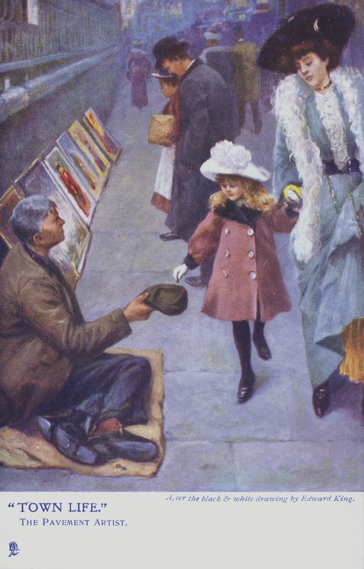 Genç bir kız ve annesi bir kaldırım sanatçısına para veriyor. by Edward R. King