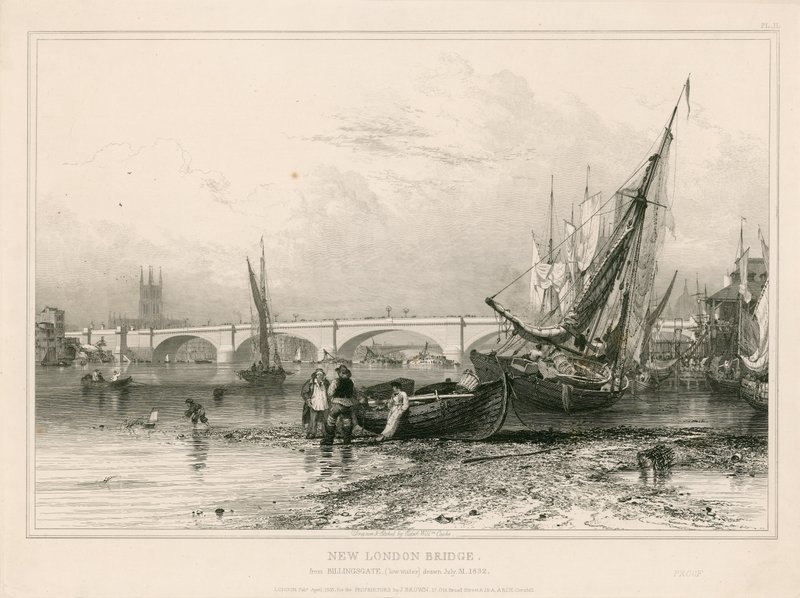 31 Temmuz 1832 çizilmiş Billingsgate (düşük su) dan New London Bridge, by Edward William Cooke