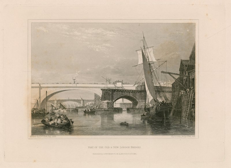 Eski ve yeni Londra Köprülerinin bir parçası. 1832 çizilmiş by Edward William Cooke