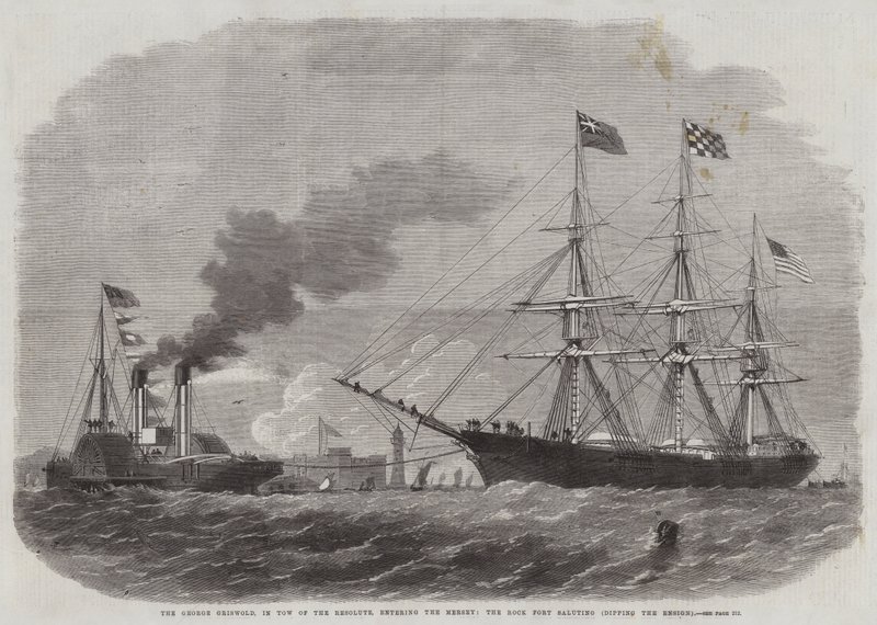 George Griswold, Tow of the Resolute'de, Mersey'e giriyor, Rock Fort selamlıyor, Teğmen'i batırıyor by Edwin Weedon