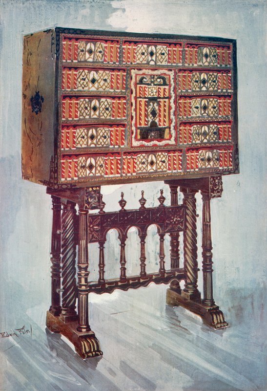 Vargueno Kestane, Fildişi, vb., Boyalı ve Yaldızlı, Ferforje ve Çelik Bağlantılı Dolap: Bükülmüş, Döndürülmüş ve Oyulmuş Stand Üzerine by Edwin John Foley