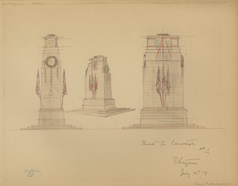 Cenotaph, Whitehall, Westminster, Londra için Kroki No 1 (renkli taş) by Edwin Landseer Lutyens
