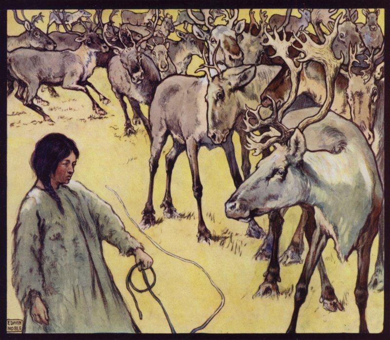 Ren Geyiği Sürüsü ile Bir Lapp Kızı (renkli taş) by Edwin Noble