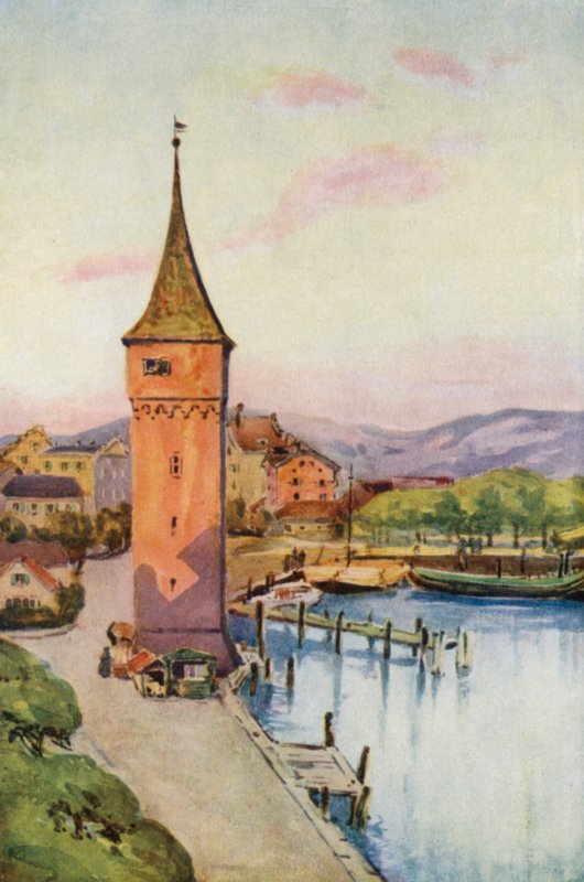 Ren Nehri: Boden See üzerindeki Lindau Kulesi, Konstanz Gölü (renkli litografi) by Effie Jardine