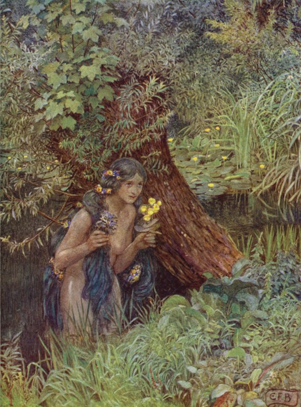 Güzel, yeşilimsi buklelerle, hepsi çözülmüş, Her biri bir gelinmiş gibi (renkli lito) by Eleanor Fortescue Brickdale