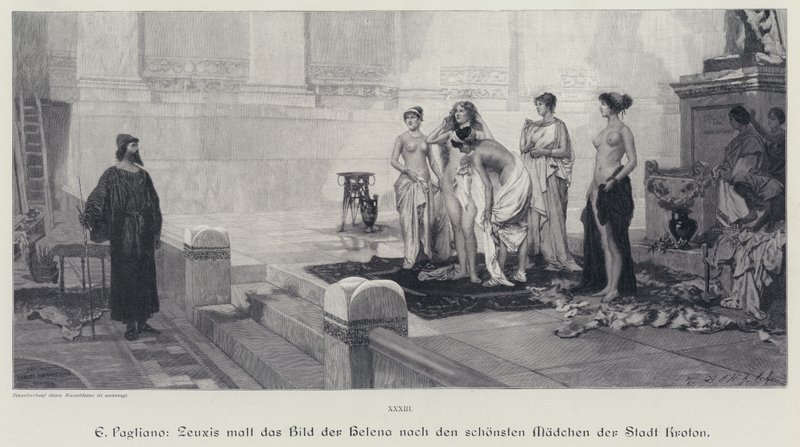 Antik Yunan ressamı Zeuxis, Helen of Troy tablosu için modelini Crotone şehrinin en güzel kadınlarından seçiyor (gravür) by Eleuterio Pagliano