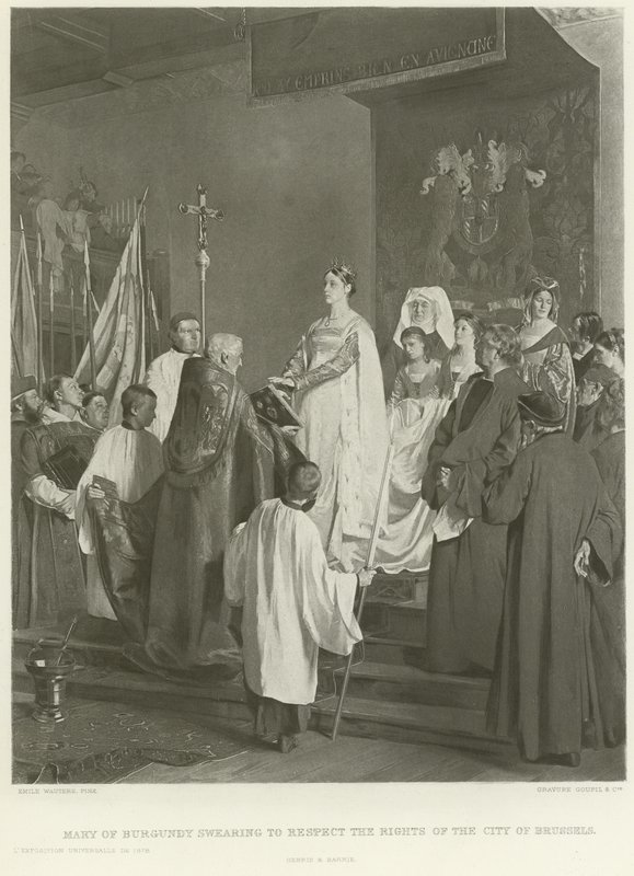 Mary of Burgundy, Brüksel şehrinin haklarına saygı duyacağına yemin ediyor (gravür) by Emile Charles Wauters