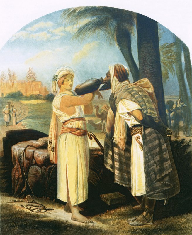 Rebekah hizmetçiye bir içki verir by Emile Jean Horace Vernet