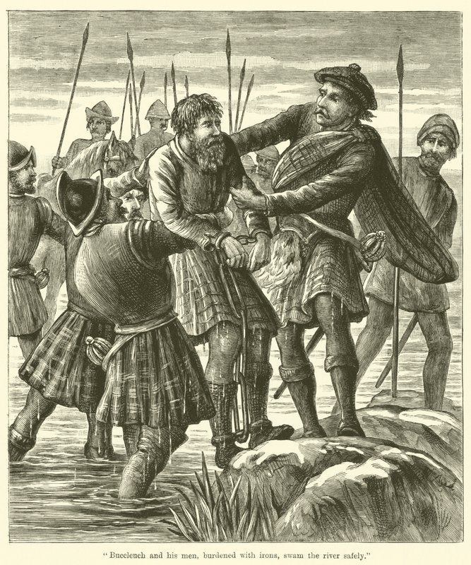 Buccleuch ve adamları, demirlerle yüklenmiş, güvenli bir şekilde nehri yüzdüler. by English School