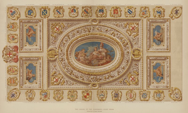 Sir James Thornhill tarafından boyanmış Aldermens Court Room, Guildhall, Londra Şehri, Tavan by English School