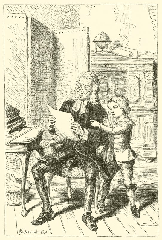 Joshua Reynolds, çocuk, babasının okulunun çizimini gösteriyor by English School