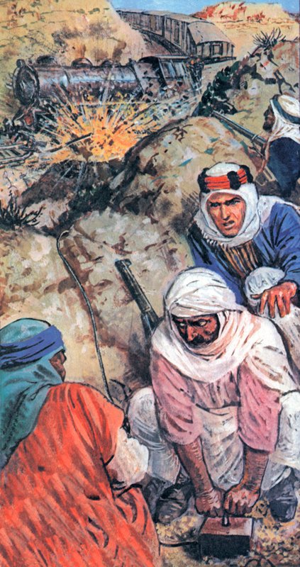 Arabistanlı Lawrence ve takipçileri trenleri sabote etti ve kilometrelerce demiryolu hattını havaya uçurdu by English School