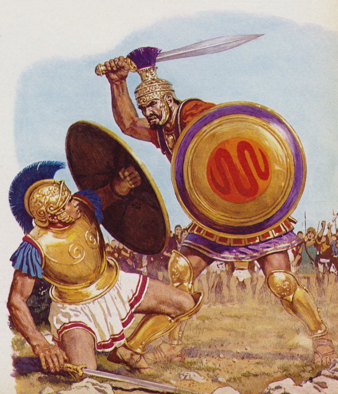 Paris (solda) ve Menelaus savaşta by English School