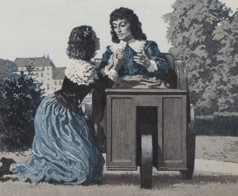 Paul Scarron, tekerlekli kutusunda, daha sonra ünlü Marquise De Maintenon olan karısı tarafından bakılıyor. by English School