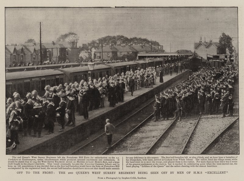 Cephede, 2. Queens West Surrey Alayı, HMS Mükemmel Adamları tarafından uğurlanıyor by English Photographer