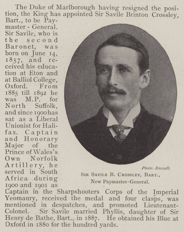Sir Savile B Crossley, Baronet, Yeni Paymaster-Genel by English Photographer