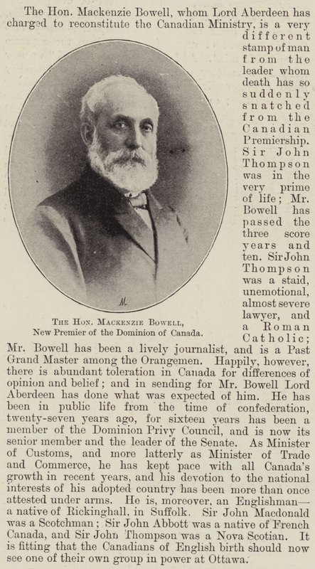 Saygıdeğer Mackenzie Bowell, Kanada Dominion