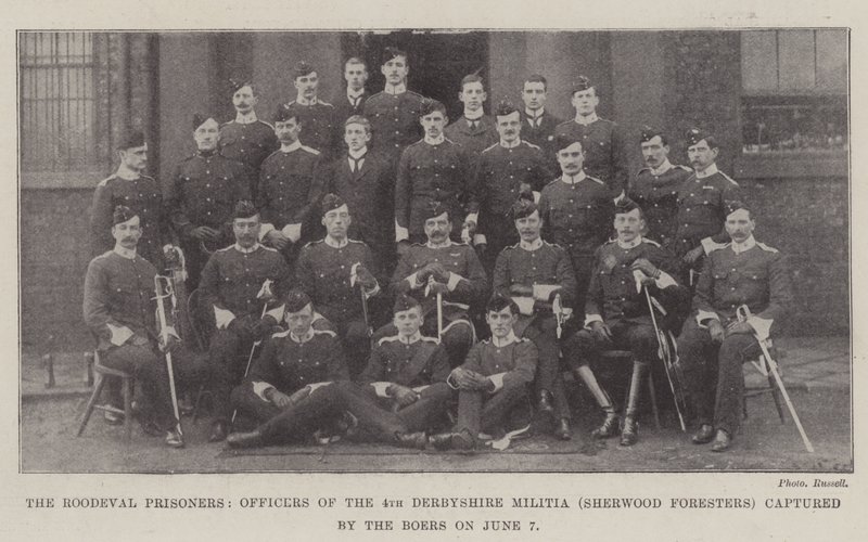 Roodeval Mahkumları, 7 Haziran'da Boers tarafından yakalanan 4. Derbyshire Milisleri (Sherwood Ormancıları) Subayları by English Photographer