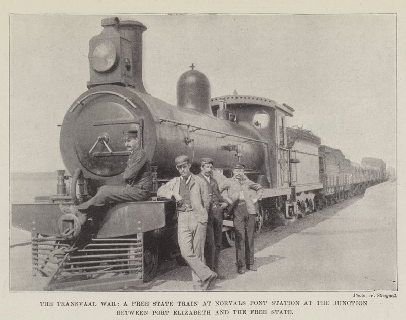 Transvaal Savaşı, Port Elizabeth ve Özgür Devlet arasındaki Kavşaktaki Norvals Pont İstasyonunda bir Serbest Devlet Treni by English Photographer