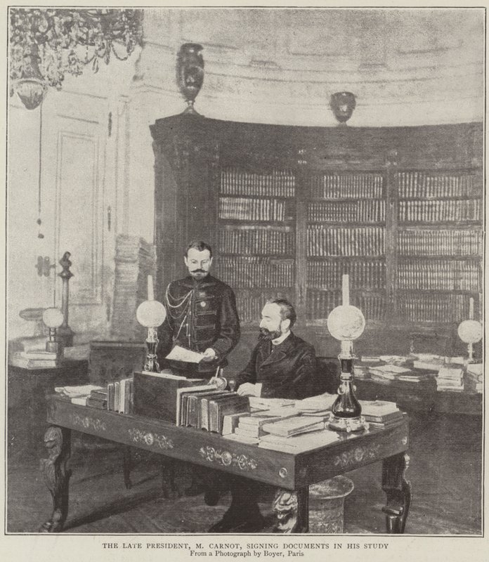 Rahmetli Başkan, Bay Carnot, çalışma odasındaki belgeleri imzalarken by English Photographer