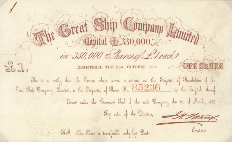 The Great Ship Company Limited tarafından verilen 1 sterlinlik hisse senedi by English School