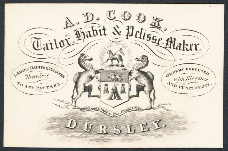 AD Cook, terzi, alışkanlık ve pelisse üreticisi, ticaret kartı by English School