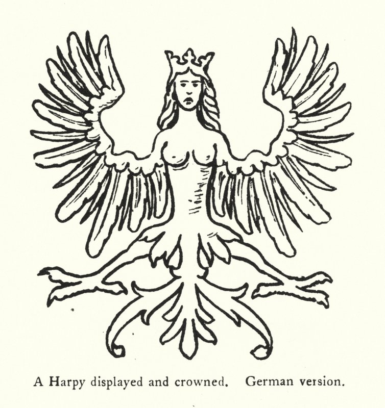 Gösterilen ve taçlandırılan bir Harpy, Almanca versiyonu (gravür) by English School