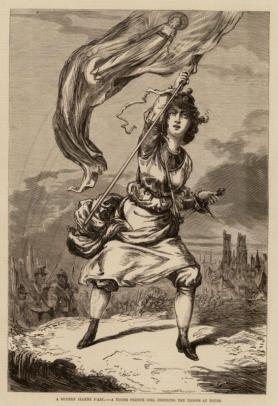 Modern bir Jeanne D#39;arc, Tours#39;daki birliklere ilham veren genç bir Fransız kızı (gravür) by English School