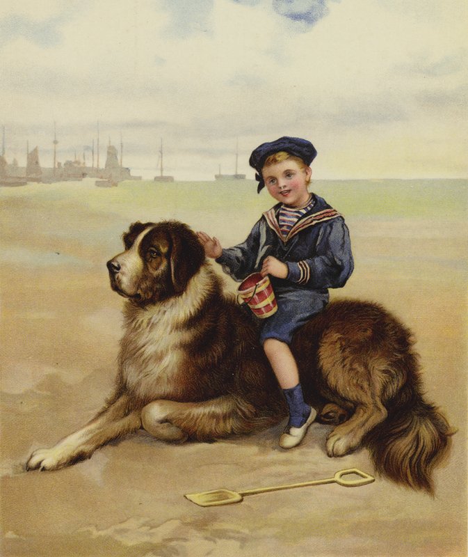 Sahilde köpeğinin üzerinde oturan bir çocuk by English School