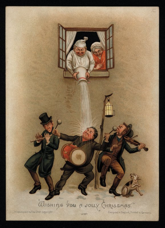 Pencerelerinin dışında şarkı söyleyen şarkıcılara itiraz eden bir çift, Noel tebrik kartı (chromolitho) by English School