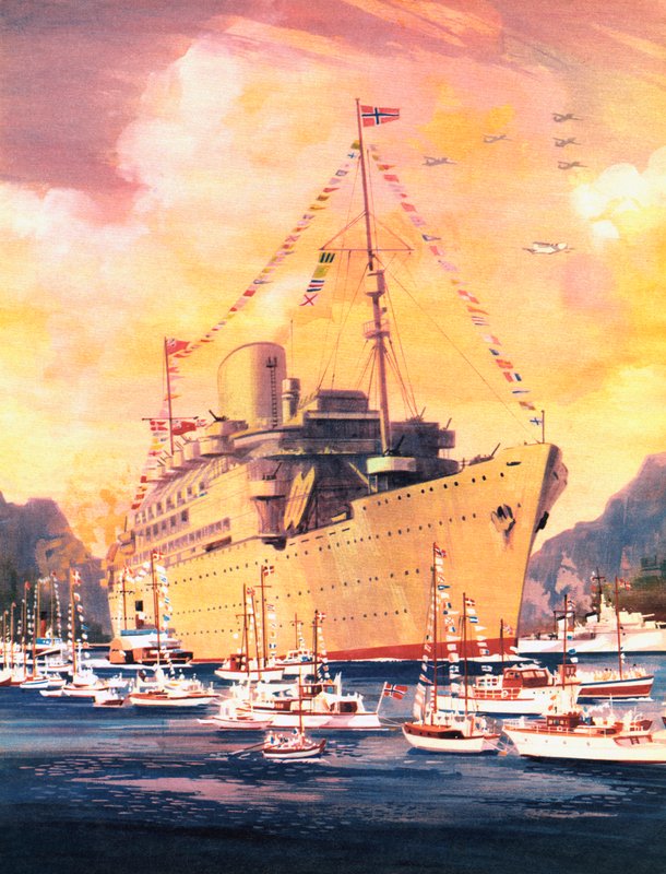 Royal Mail Line tarihinde harika bir an olan Andes, 1945'te Oslo'ya varıyor (renkli litho) by English School