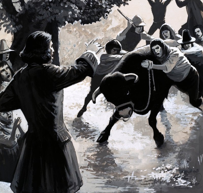 Bir grup bölücü, kalabalığın üzerine bir boğa sürerek John Wesley