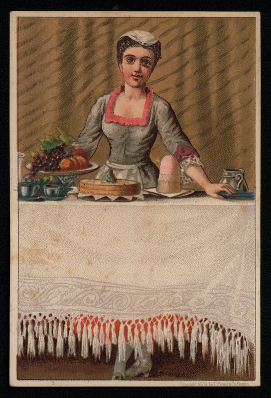 Bir hizmetçi ya da hizmetçi kız yemek, tebrik kartı ile bir masa hazırlıyor. (kromolito) by English School
