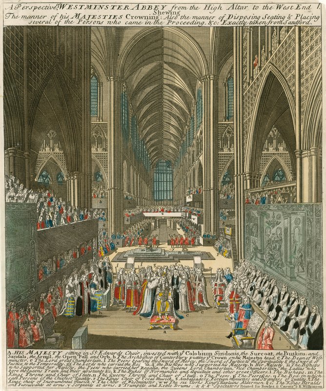 King James II'nin taç giyme töreninde High Altar'dan West End'e Westminster Abbey'in bir perspektifi by English School