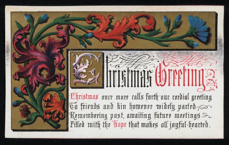 Çiçek kaydırma desenli bir ayet, Noel tebrik kartı. (kromolito) by English School
