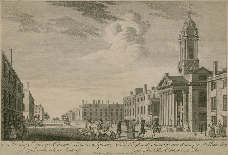 Conduit Street, Londra'dan St Georges Kilisesi, Hanover Meydanı'nın bir görünümü by English School