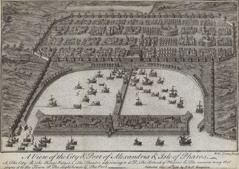 İskenderiye ve Pharos Adası şehir ve limanından bir görünüm, Mısır, 1738 by English School