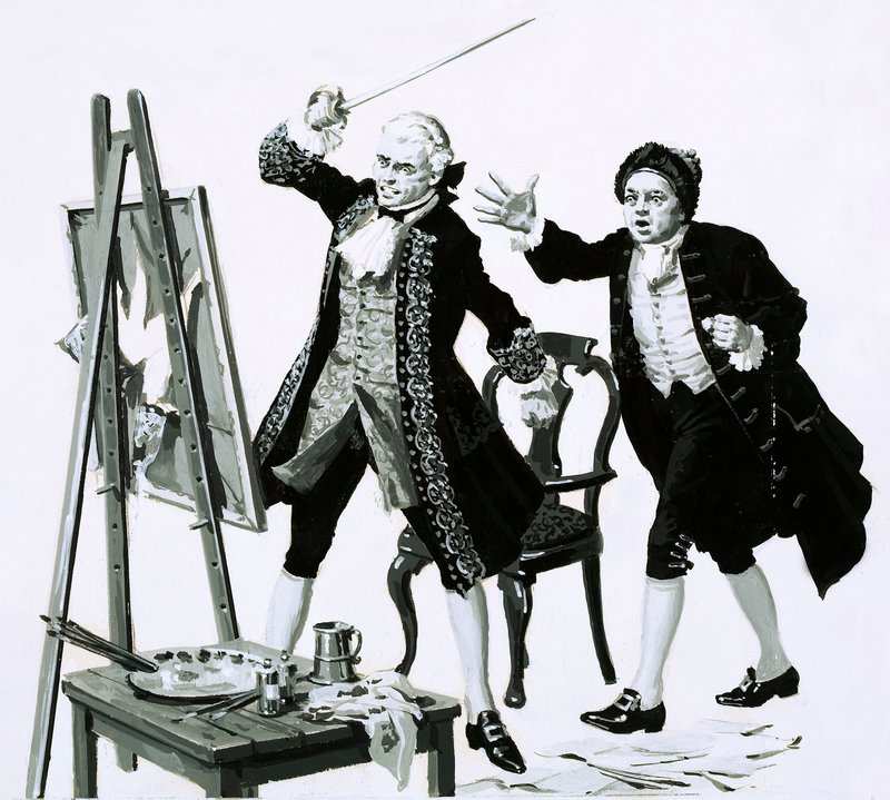 Genç bir adam, Hogarth tarafından babasının hiç de hoş olmayan bir portresini kılıçla kesti (kağıt üzerinde guaj boya) by English School