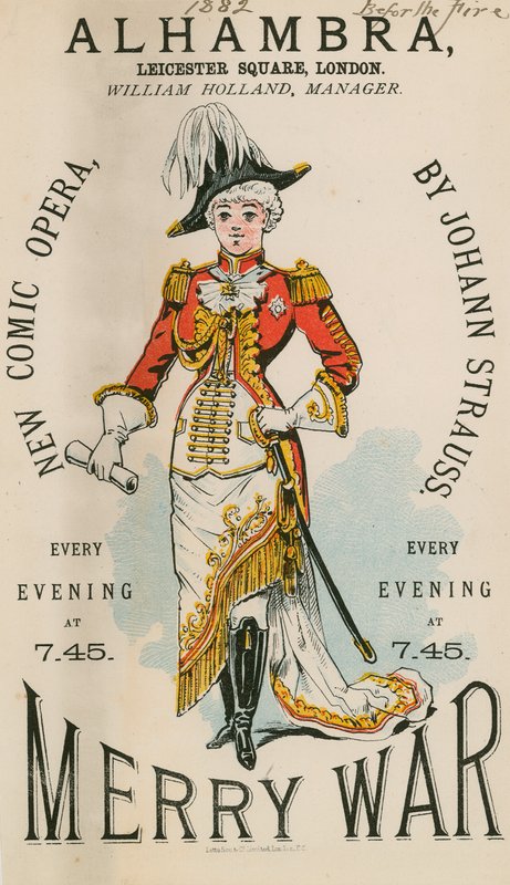 Johann Strauss'un yeni bir komik operası olan Merry War için The Alhambra, Leicester Square, Londra için reklam by English School